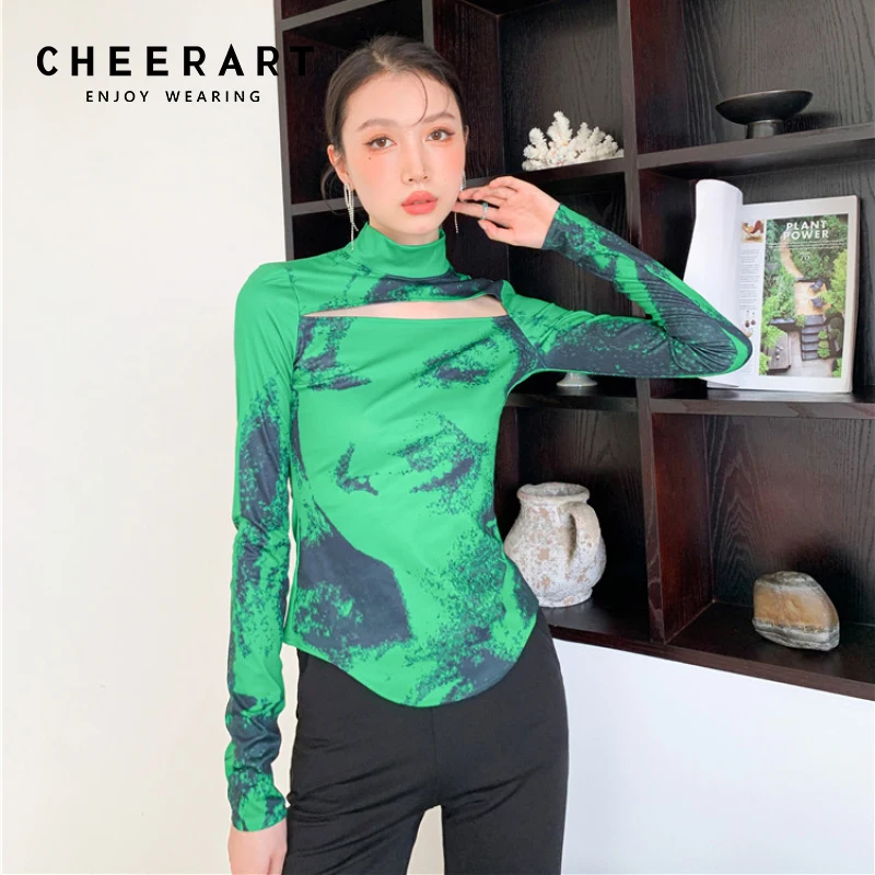 

CHEERART Portrait Green Turtleneck T Shirt Women Cut Out Long Sleeve Tees Cyber Y2k Designer High Neck Top Fall Fashion 2021