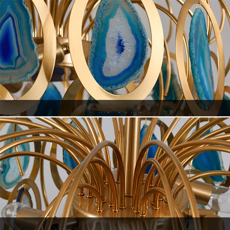 Современная светодиодная люстра из агата золотистая Металлическая лампа для