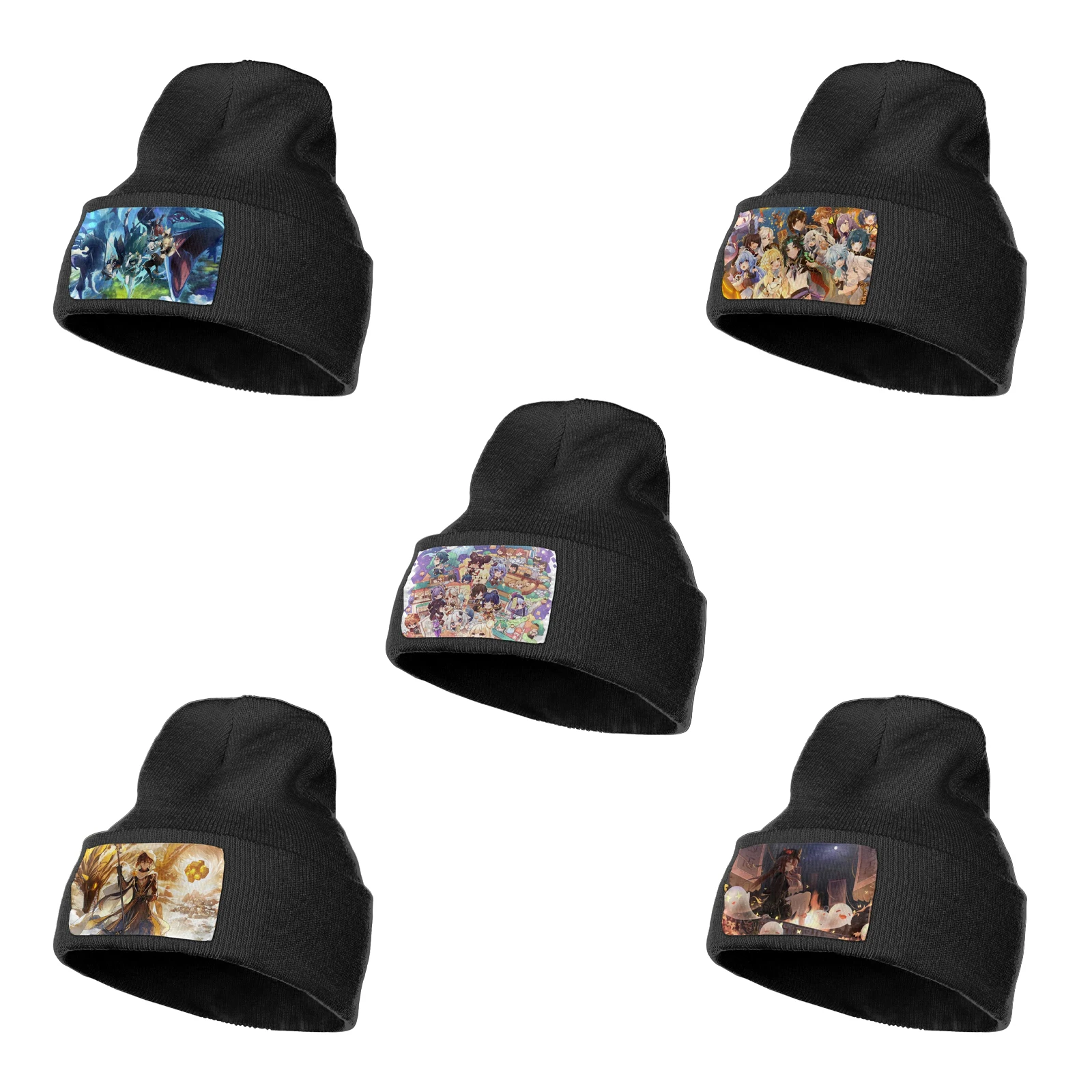 

Шапка с принтом аниме-игры Genshin, вязаная шапка с манжетами и черепом, облегающая шапка, Повседневная облегающая шапка для мужчин и женщин