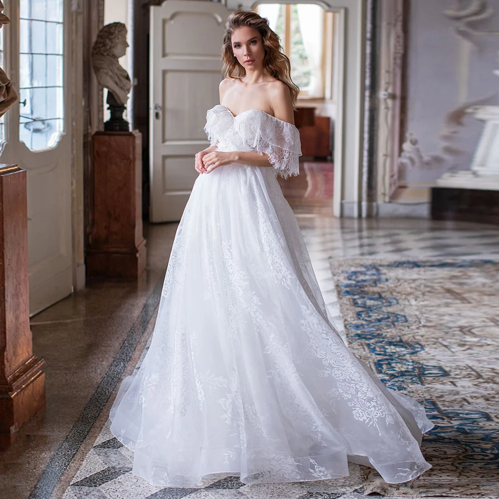 Романтичное кружевное свадебное платье из тюля с открытыми плечами Милое