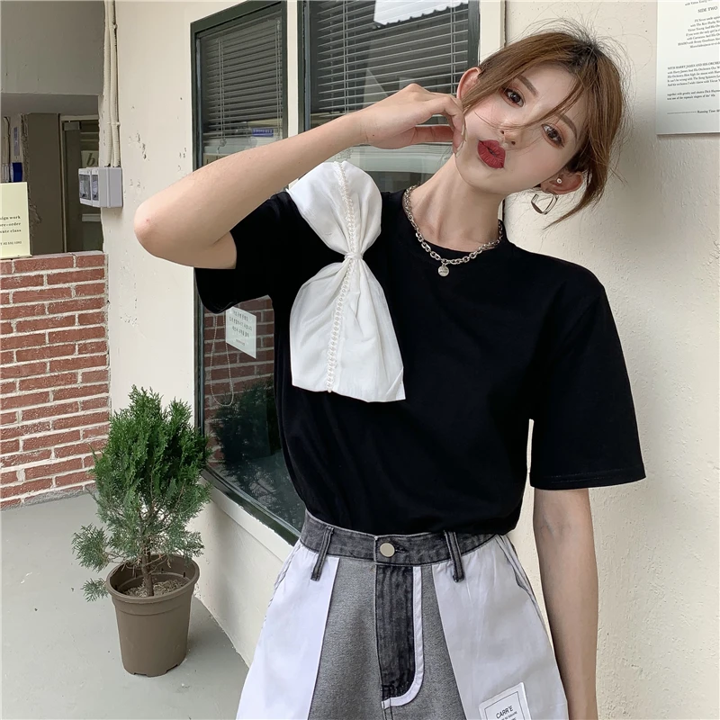 

Real Shot 2021 Summer Korean Version Simple Bow Loose Short Sleeve T-Shirt Fashion Design Top Fashion