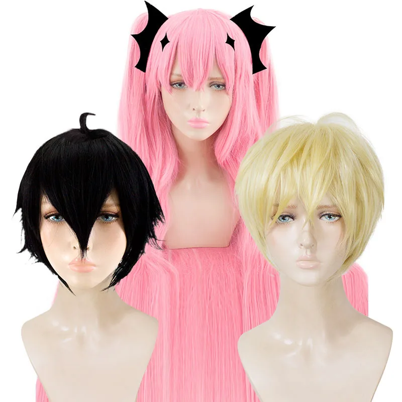 LANLAN Seraph end Cosplay wig Black pale gold element pink M bangs with reversed ends and long sideburns High temperature fiber |