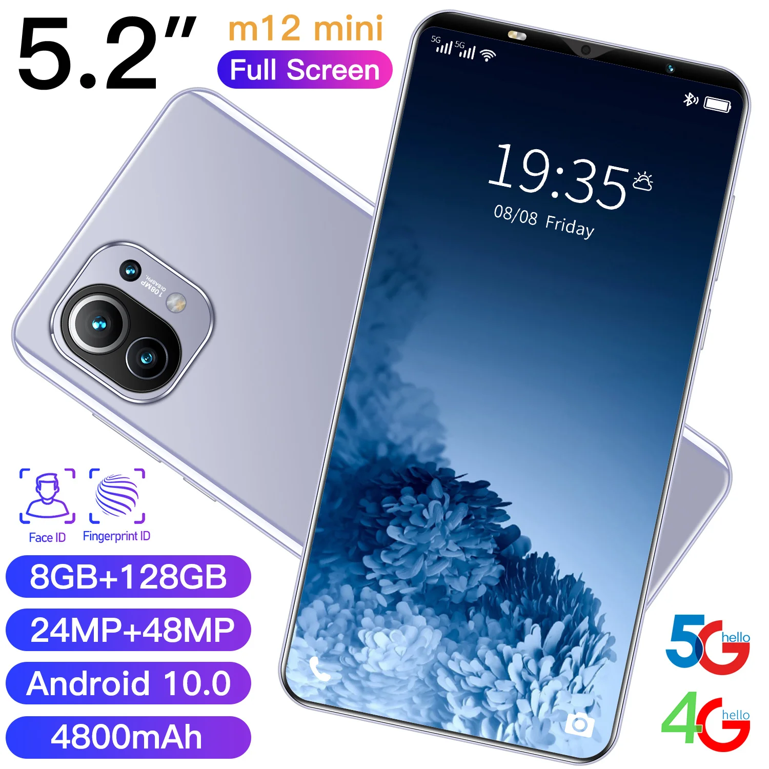 

M12mini 5.2 Inch Smartphones 8G+128G Global Version Android Phone 4800mAh 24+48MP Camera 5G Mobilephone Support Google
