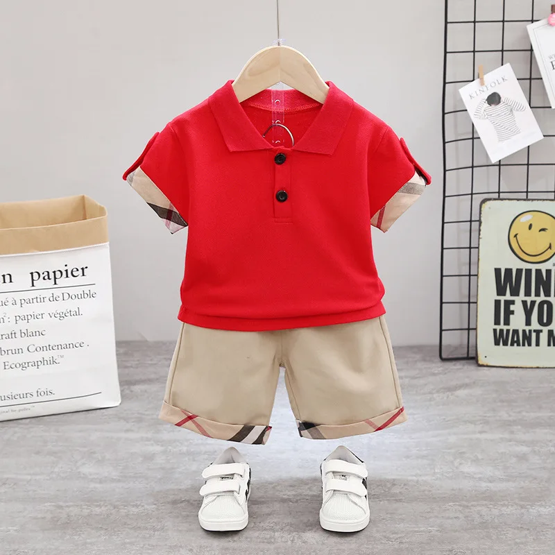 

Fashion Lapel Solid Color Red Short-sleeved Top Toddler Costume Casual Shirt Summer Clothes for Boys 2-piece Set 1-5 Years Old