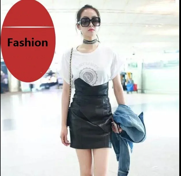 Free shipping Genuine leather women slim short skirts.fashion sheepskin A-line black quality female sexy style sales | Женская одежда