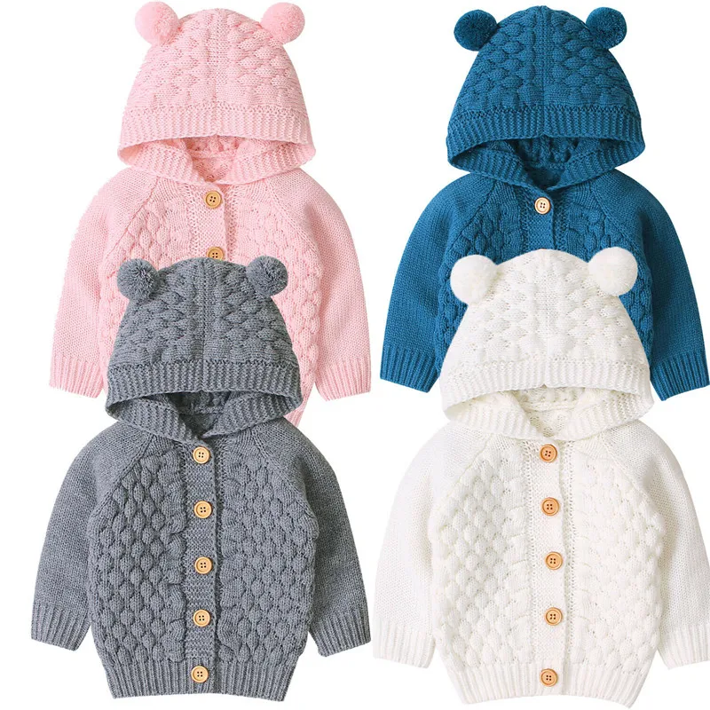 

Toddler Baby Kids Boy Girls Winter Sweater Hooded Knitted Tops Warm Coat Outwear Jacket Solid Pink White Gray
