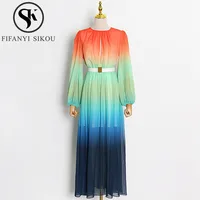 Gradient Color Fashion Chiffon Dress Women O-Neck Long Sleeve Belt High Waist Maxi Dress Ladies Stylish Slim Pleated Dress