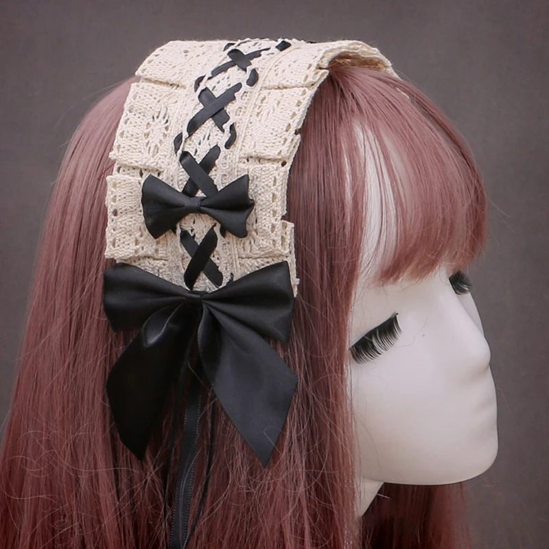 

Gothic Lolita Headband Wrist Cuffs Set Sweet Ruffled Lace Ribbon Bow Hairband Hand Sleeves Anime Maid Cosplay Costume