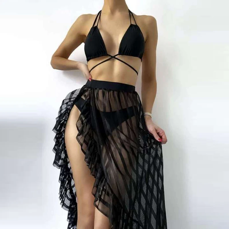 

Sexy Cross Wrap Beach Bikini Mesh Skirt And Ruffle Pant Women Solid Lace Up Split Maxi Skirt Bathing Suit Sexy Swimsuit Beachwer