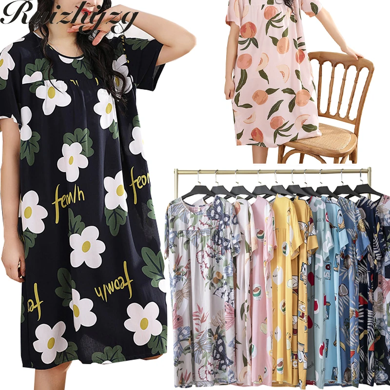 

Ruizhijzg Dress Cotton Silk Women's Summer Pajamas Short Sleeve Ladies Floral Print Round Neck Loose Casual nightdress Home Wear