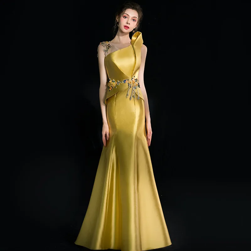 

Golden female banquet long fishtail host annual party performance sexy dresses party night club dress sexy K060