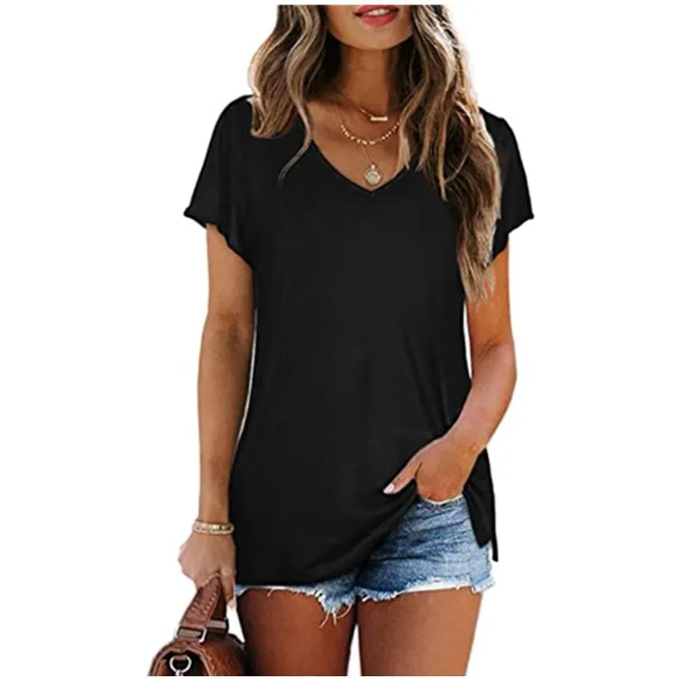 

WEPBEL Women's Fashion Solid Color Loose Pullover T-shirt Tops Summer Casual Short Sleeve V-neck T-shirt