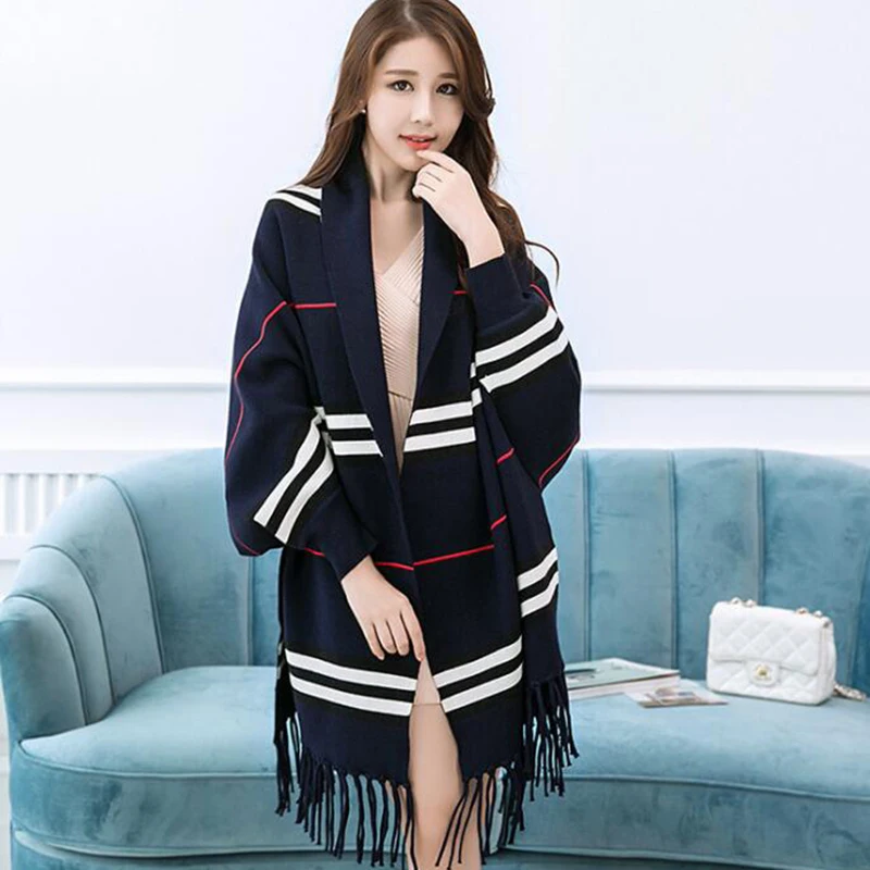 Модный женский вязаный кардиган весна осень stripeMid длинные кисточки свитер-накидка пальто шаль s300