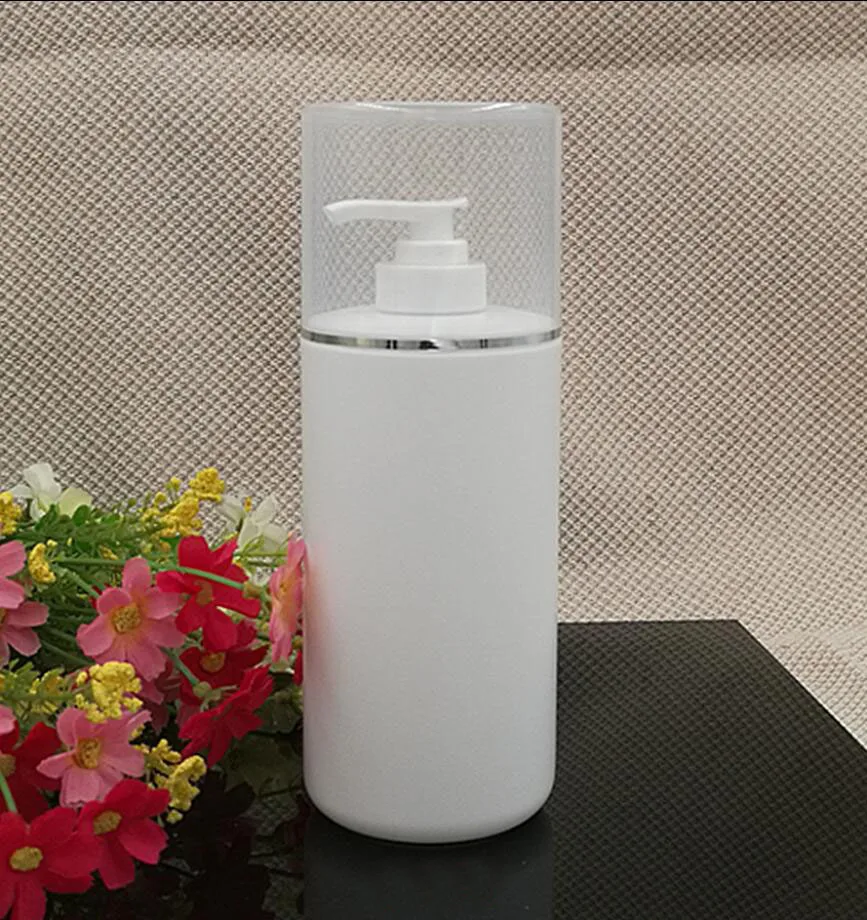 500 мл белая бутылка для лосьона/эмульсионного пресса с серебряной линией