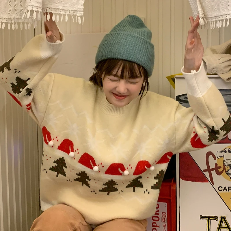 

New Collection Winter Thick Christmas Snowflake Pullover Sweater Women Vintage Loose Knitting Sweater Coat Female