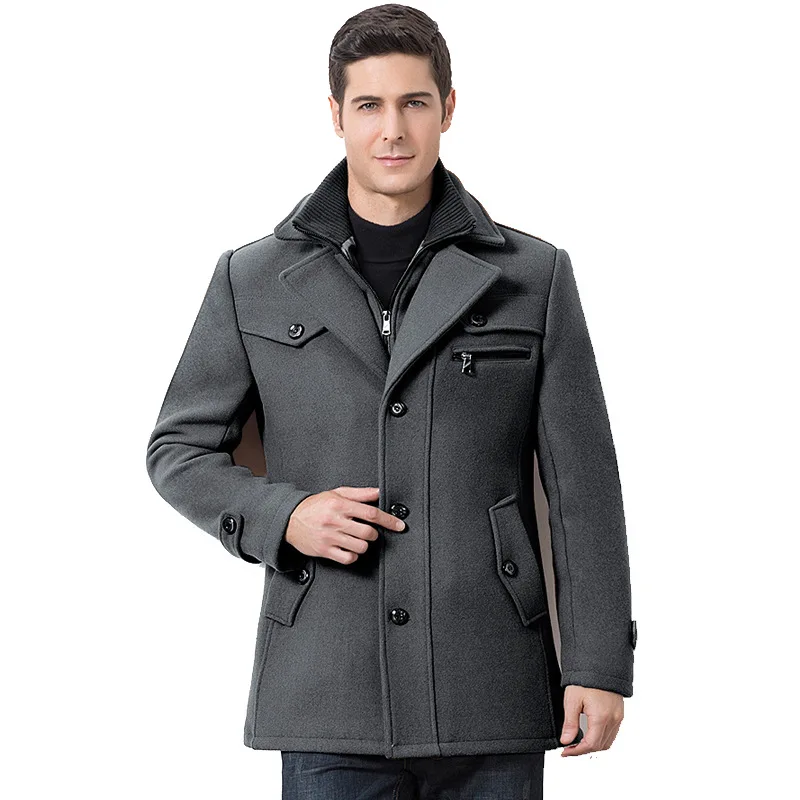 

2020 Winter Wool Trench Coat Men Slim Fit Thick Warm Cotton Padded Parkas Overcoat Long Jacket Mens Black Gray Burgundy Khaki
