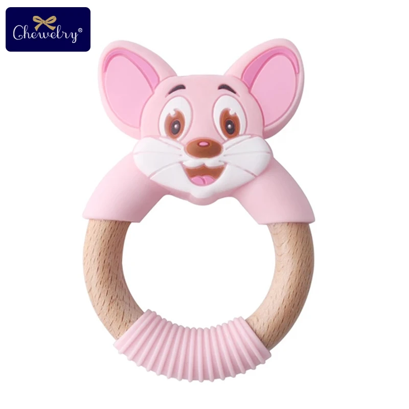 Pink Mouse 1 шт. Детские Прорезыватели силиконовая мышь грызуны Силиконовые Прорезыватели деревянное кольцо деревянный Прорезыватель коляска белка для детей товары игрушки - Цвет: Pink Mouse