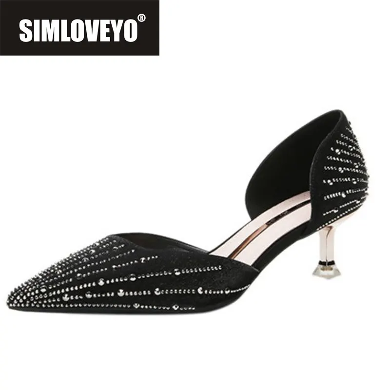 

SIMLOVEYO New 2021 Women Pumps Pointed Toe 5cm Thin Heels Sexy Slip-on Crystal Bling Size 39 Casual Date Wedding Black B2452