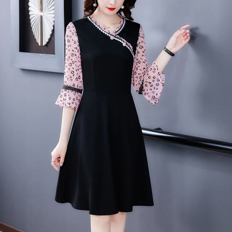 

2021Spring Women Chiffon Patchwork Beach Midi Dress Autumn Vintage Casual Black Office Lady Dress Elegant Slim Party Vestidos