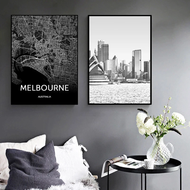 

Black and White City Sydney Melbourne Map Poster Industrial Vintage Art Print Canvas Painting Mural for Living Room Decoration