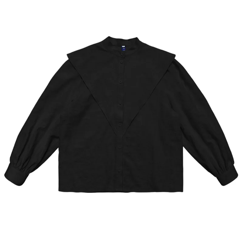 

Woman Shirts Long Puff Sleeve O-Neck Straight Blouses Solid Single-Breasted Cotton Vintage Autumn Or Spring Office Lady Top