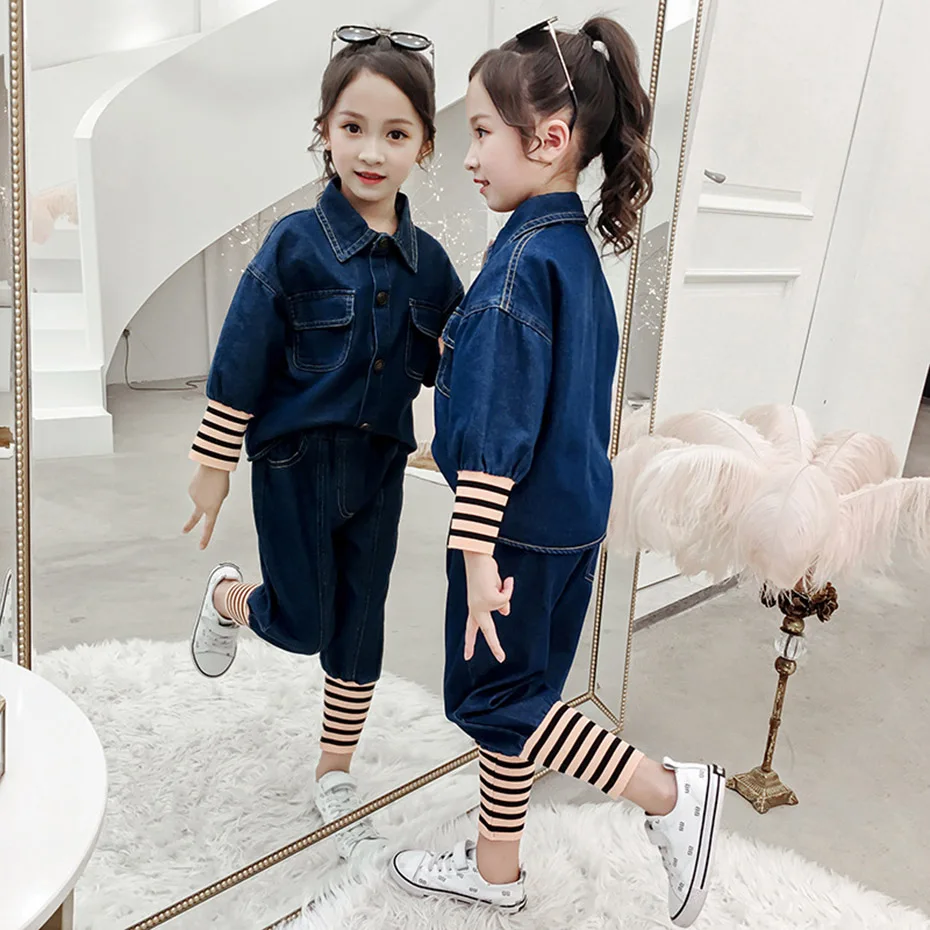 Детская одежда джинсовая куртка и джинсы наряды для девочек брюки-карандаш в