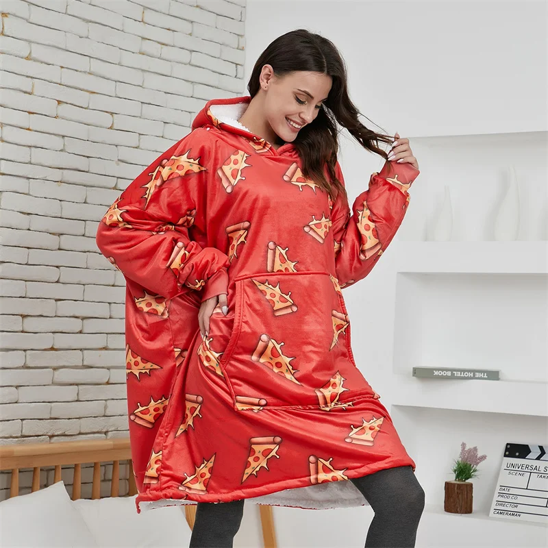 

Pattern Oversized Hoodies Women Pizza Printed Blanket Winter Plush Fleece Wearable TV Blanket with Sleeve Winter Pocket Pullover