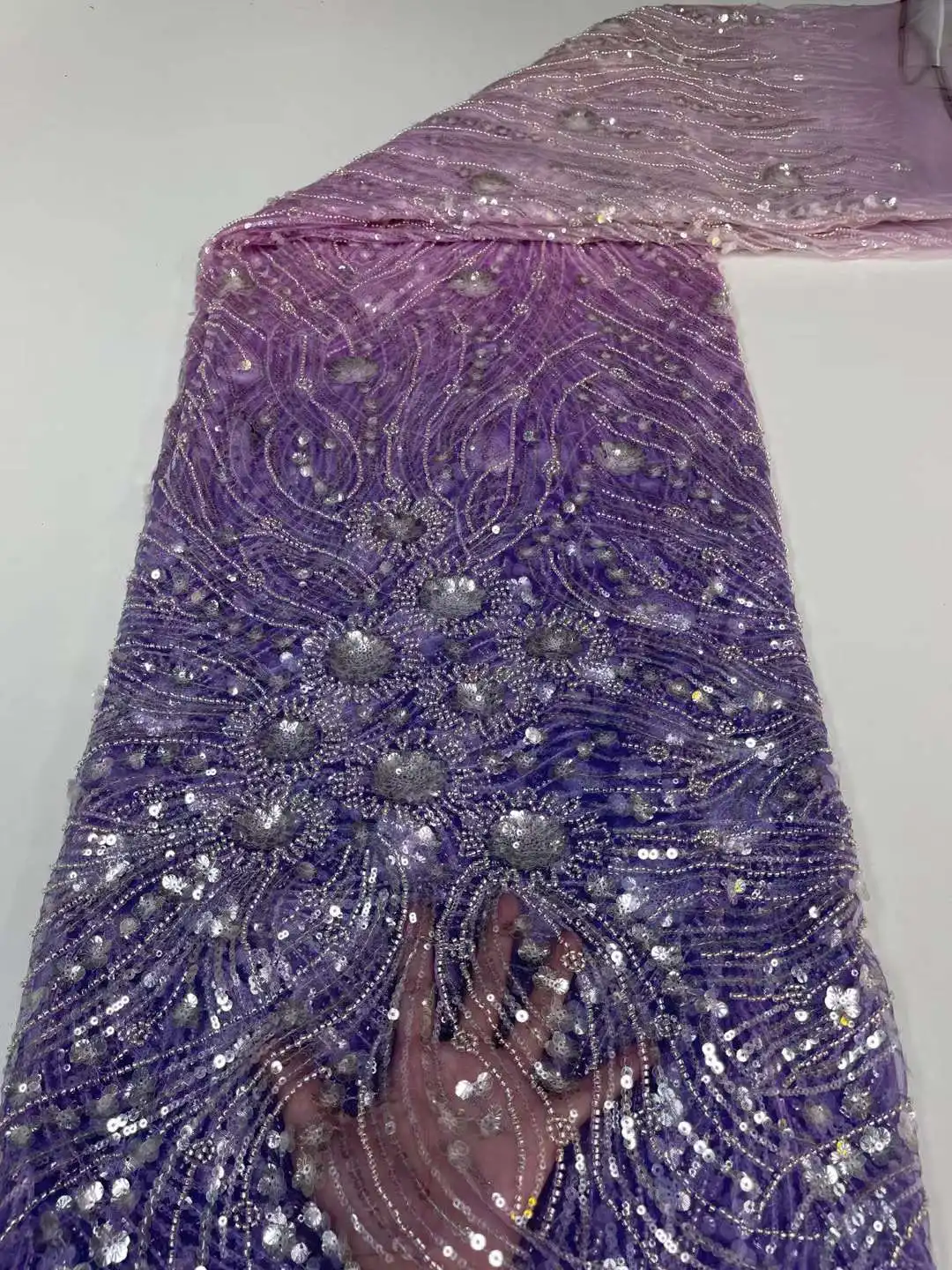 

Hot Sale African Mesh Lace Fabric Nigerian Sequins Beads Tube Craft Sewing DIY Party Prom Bridal Wedding Dress 5 Yards Wholesale