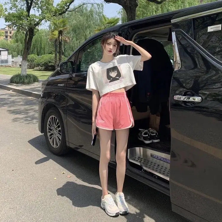 

ins 2021 Printed T-shirts Summer Women Korean Style O-Neck Short Sleeve Loose Tee Tops Crop Top T shirt Show show thin waist