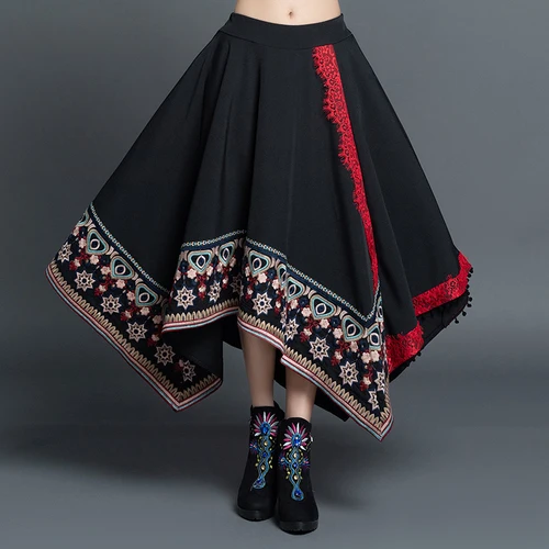 Осенне зимняя свободная Асимметричная юбка Макси до щиколотки с вышивкой