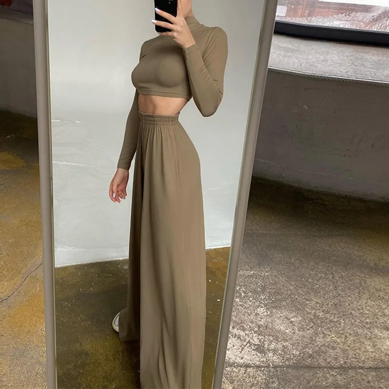 Костюм женский облегающий из двух предметов Топ с длинным рукавом и широкие