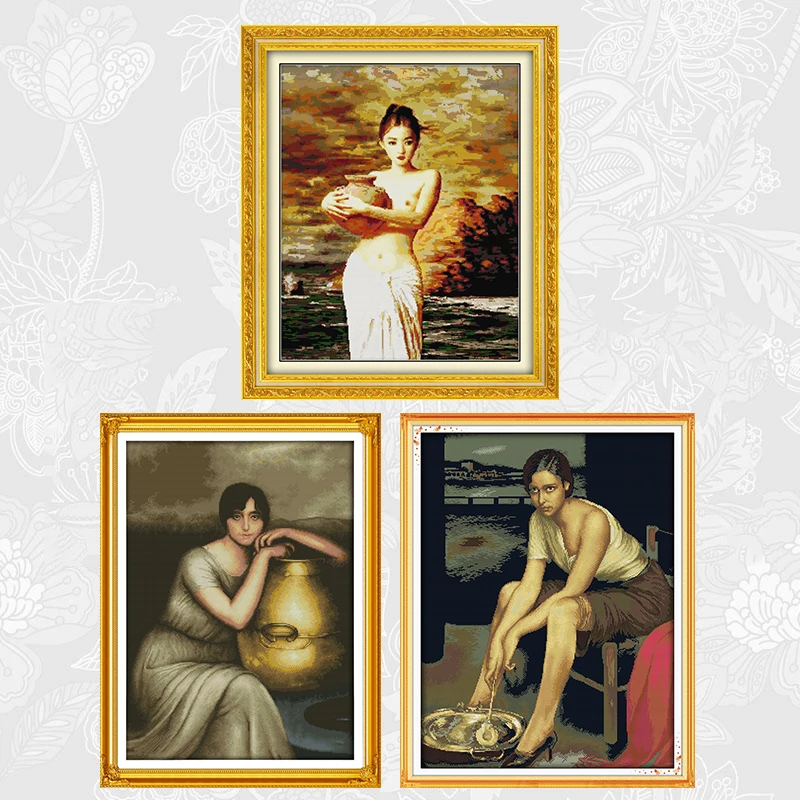 

Joy Sunday Cross Stitch Kits Girl Holding Pottery Embroidery Counted Printed Fabric 14CT 11CT Needlework Art Crafts