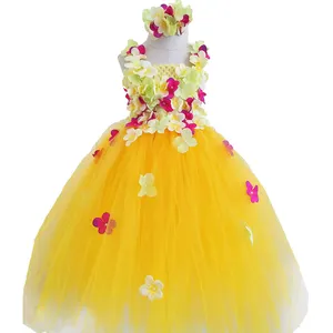 Желтое Цветочное платье-пачка для девочек с гортензией, красивое платье принцессы для девочек на свадьбу, день рождения, детское фатиновое сказочное платье с цветами