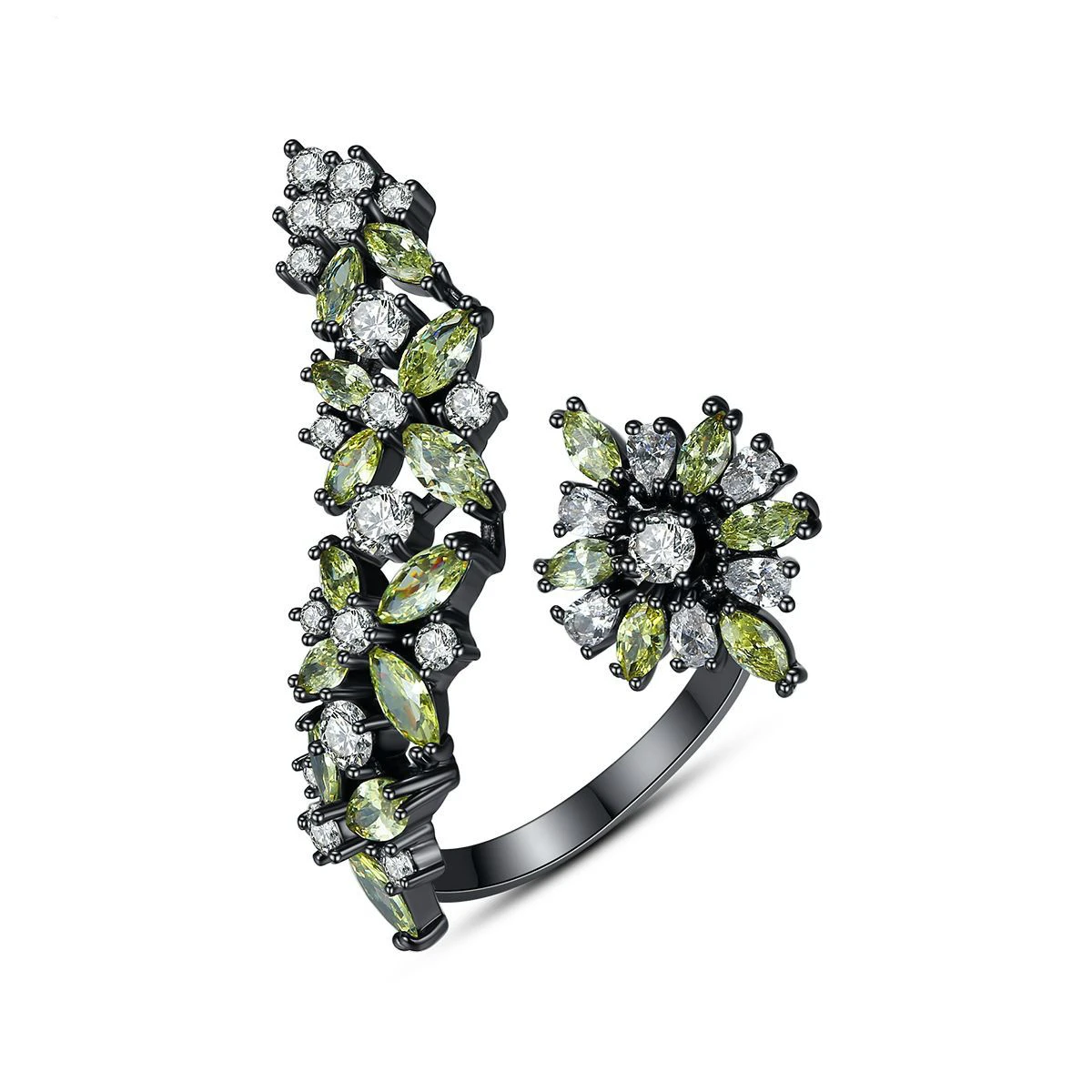 Kemstone Элегантный Циркон Черный Зеленый посеребренный Регулируемый манжет кольцо