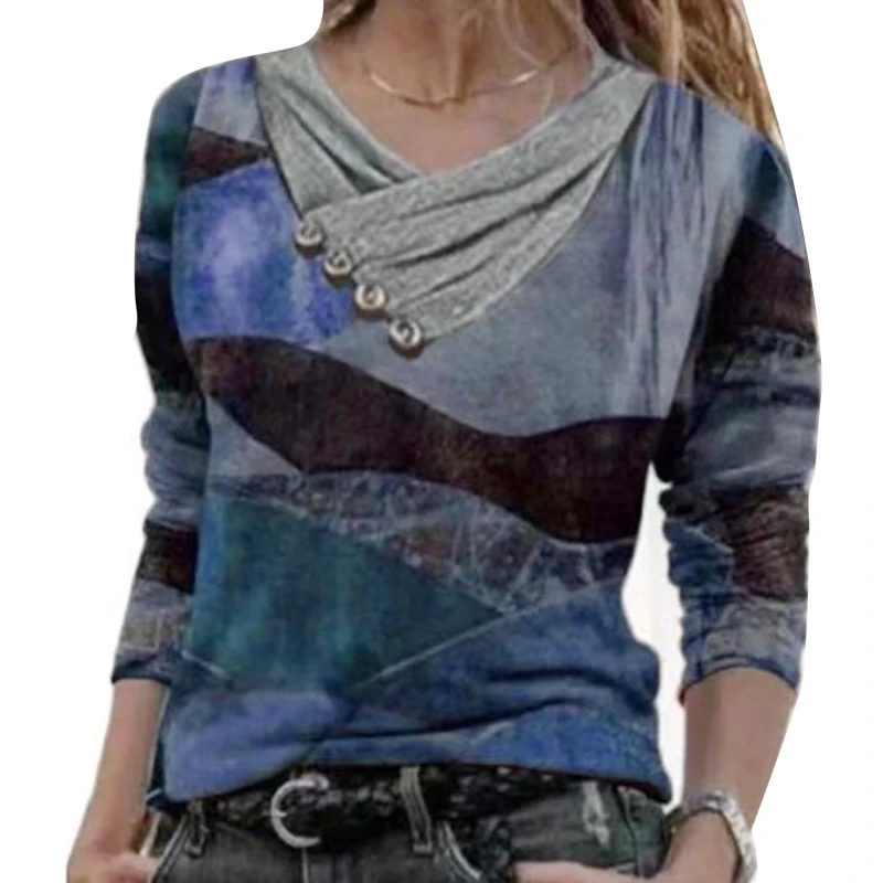 

2021 Women's Casual Tops Cross V-Neck Button Printing Long Sleeve Women's T-Shirt Women's Clothing Streetwear Fashion T-Shirts