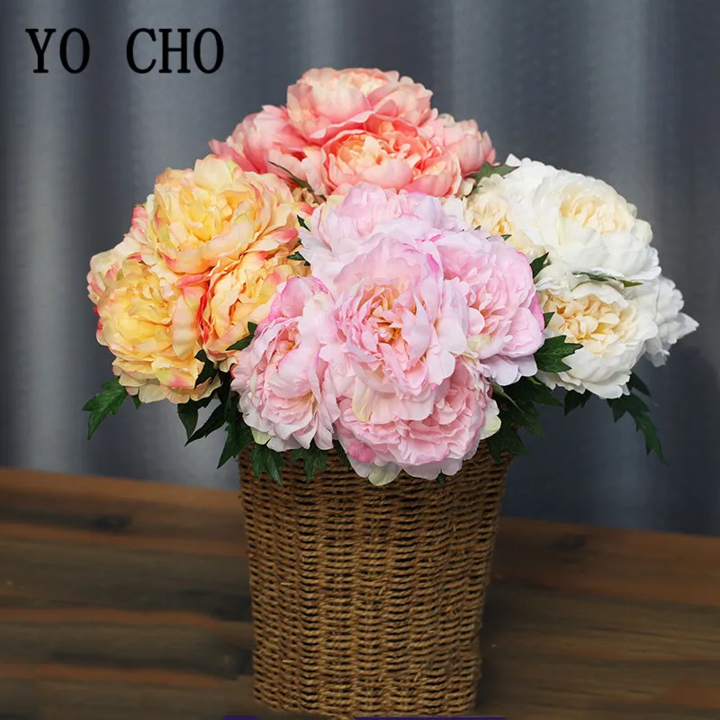 

YO CHO Artificial Big Peonies Flower Bouquet 5 Heads Fake Silk Peony for Wedding Home Hotel Party Garden Decoration Faux Flowers