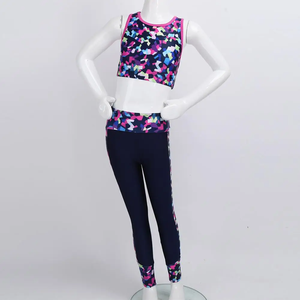 Kids Girls Sportswear Set Dance Exercise Fitness Athleticwear Outfit Digital Print Sleeveless Mesh Tanks Crop Top With Leggings