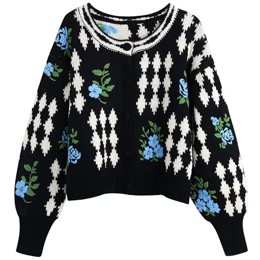 

Withered Indie Folk Retro Flower Embroideried Sweaters Women Jacquard Weave Single Breasted Knitted Jacket Women Coat Women Tops