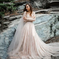 verngo glitter champagne wedding dress lace waves long sleeves bride dress 2021 v neck engagement nude bridal gowns plus size