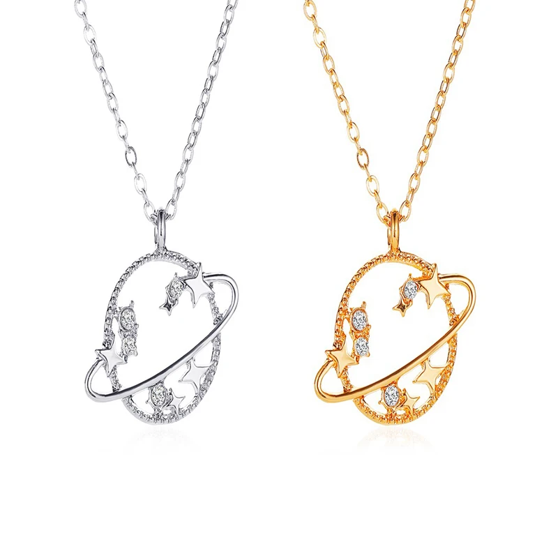 

2021 New Fashion Trend Geometric Alloy Gold And Silver Inlaid Diamond Crystal Hollow Planet Necklace Lady Charm Jewelry Gift