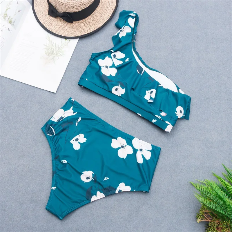 Женский купальник с высокой талией зеленое бикини на одно плечо размера плюс