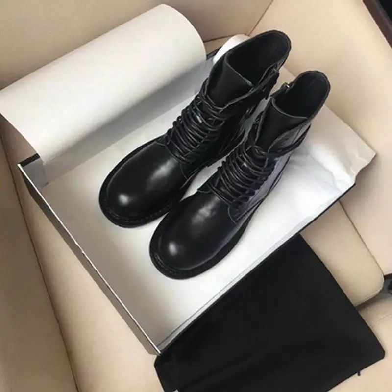 Boots women 2019 autumn and winter leather front rear straps retro round head Martin boots flat bottom with a tube wom |