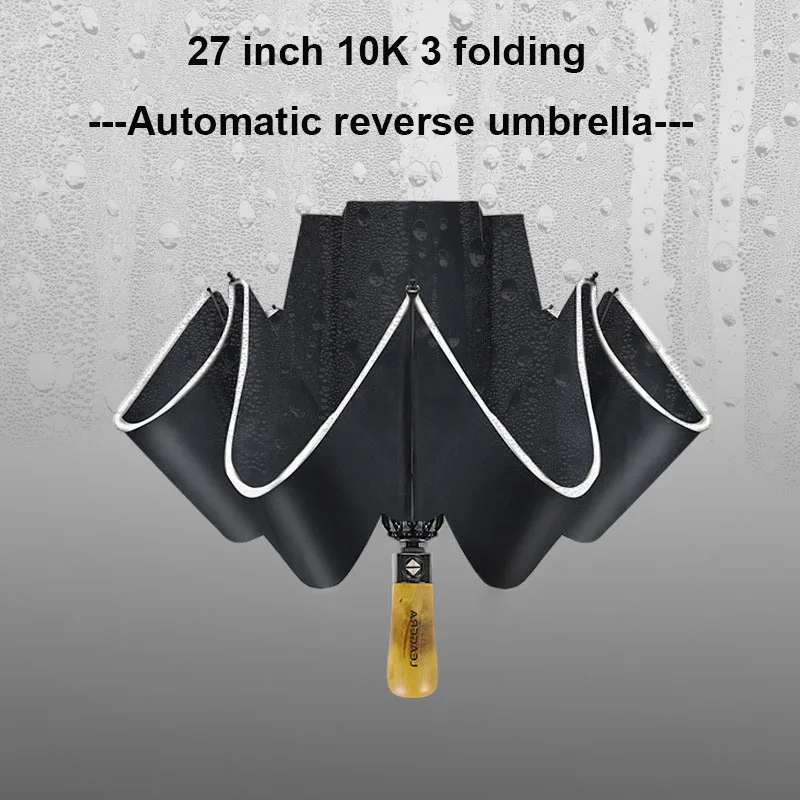 

Big 3Fold Business Umbrella Rain Women Men 120cm Reverse Automatic Umbrella Windproof 10Ribs Car Umbrellas Wood Handle Paraguas