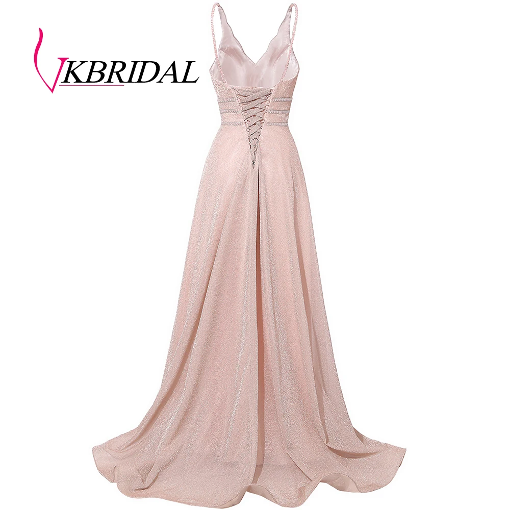 VKbridal сексуальное вечернее платье с v-образным вечернее платье ТРАПЕЦИЕВИДНОЕ Сверкающее платье для выпускного вечера Длинные вечерние платья со стразами реальное изображение