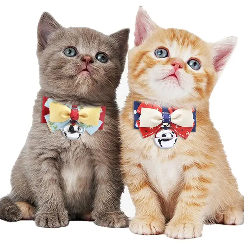 

2 Pcs Fashion Printed Cats Collar With Bowknot Decor Adjustable Kitten Puppy Collar With Bells Anti-Lost Pet Cats Accessories