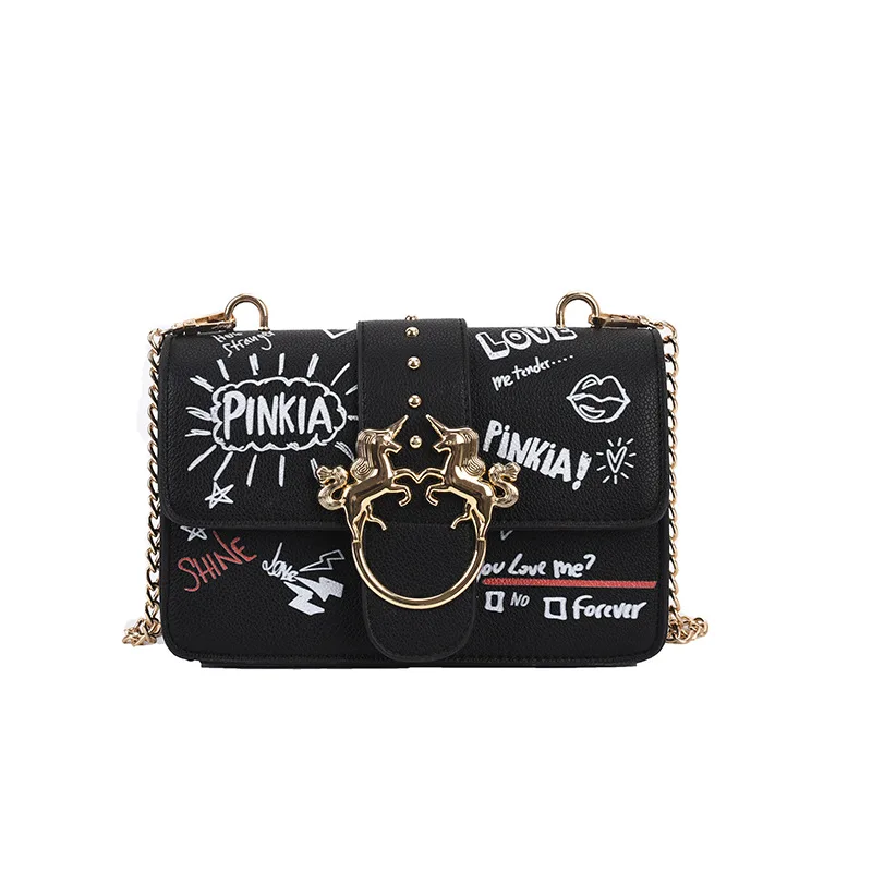 

Women new famous brand designer messenger bag graffiti printing chains shoulder bag ladies fashion small square bag