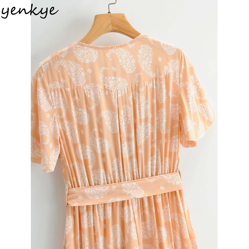 

YENKYE Holiday Summer Dress 2021 Women Vintage Floral Print Long Dress Female V Neck Short Sleeve Sashes Casual Dress Plus Size