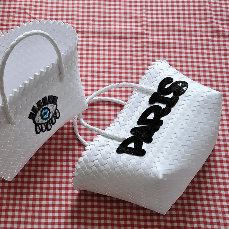 

Large Capacity Rattan Basket Bag Women Handbag Fashion Eyes Letter Sequins Straw Women's Shoulder Bag Tote Big Shopper Bags 2021