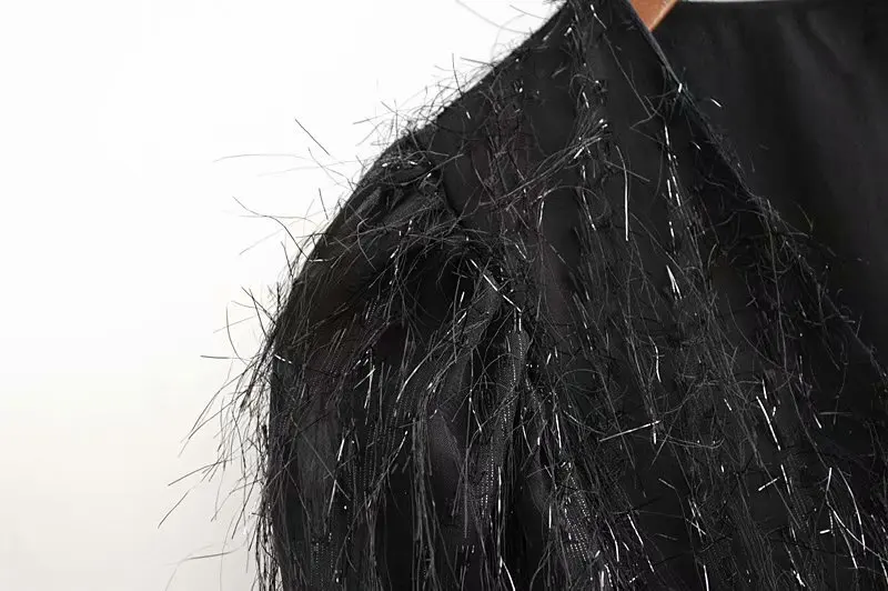 

New Women Spring Vintage V Neck Shinning Black Mini Dress Female Fashion Pleat Long Puff Sleeve Chic Tassel Decoration Dress