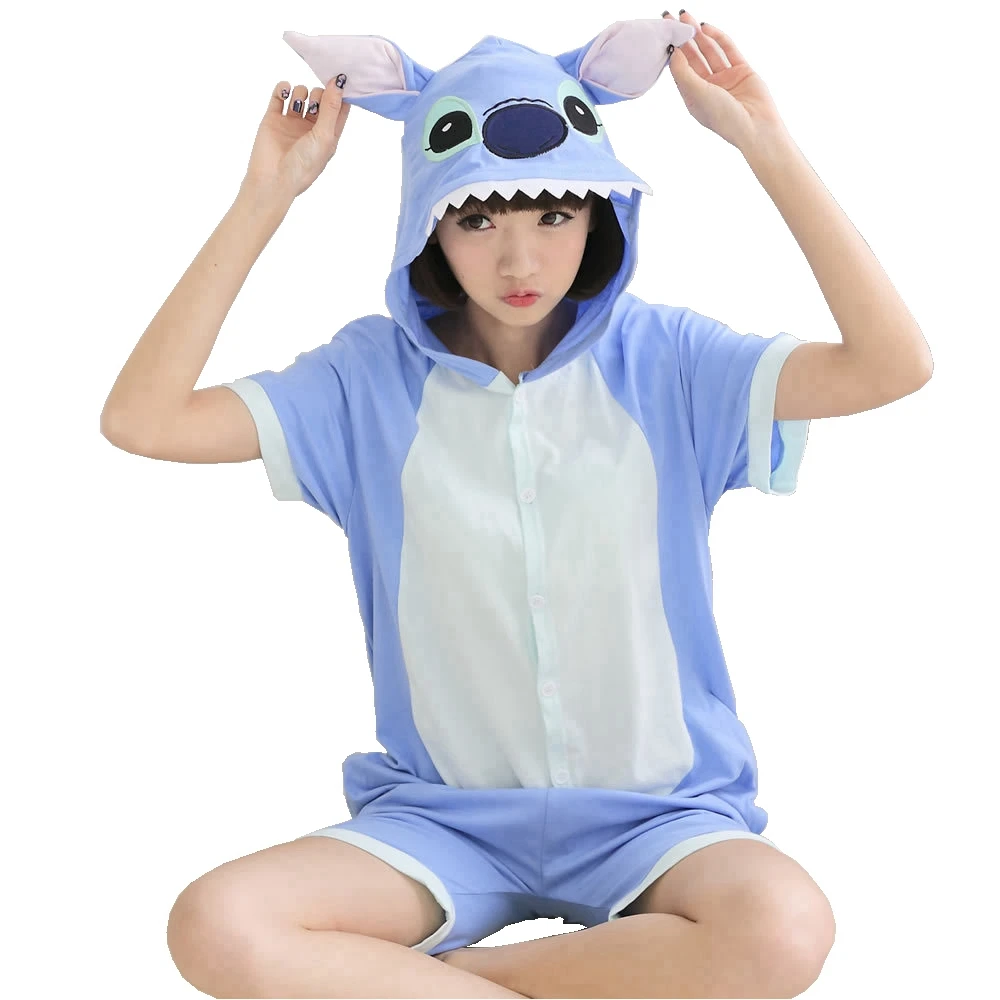 

Summer Women Kigurumi Onesie Panda Stitch Dragon Pajamas Cotton Animal Sleepwear Short Sleeve Nightie Hooded Costume